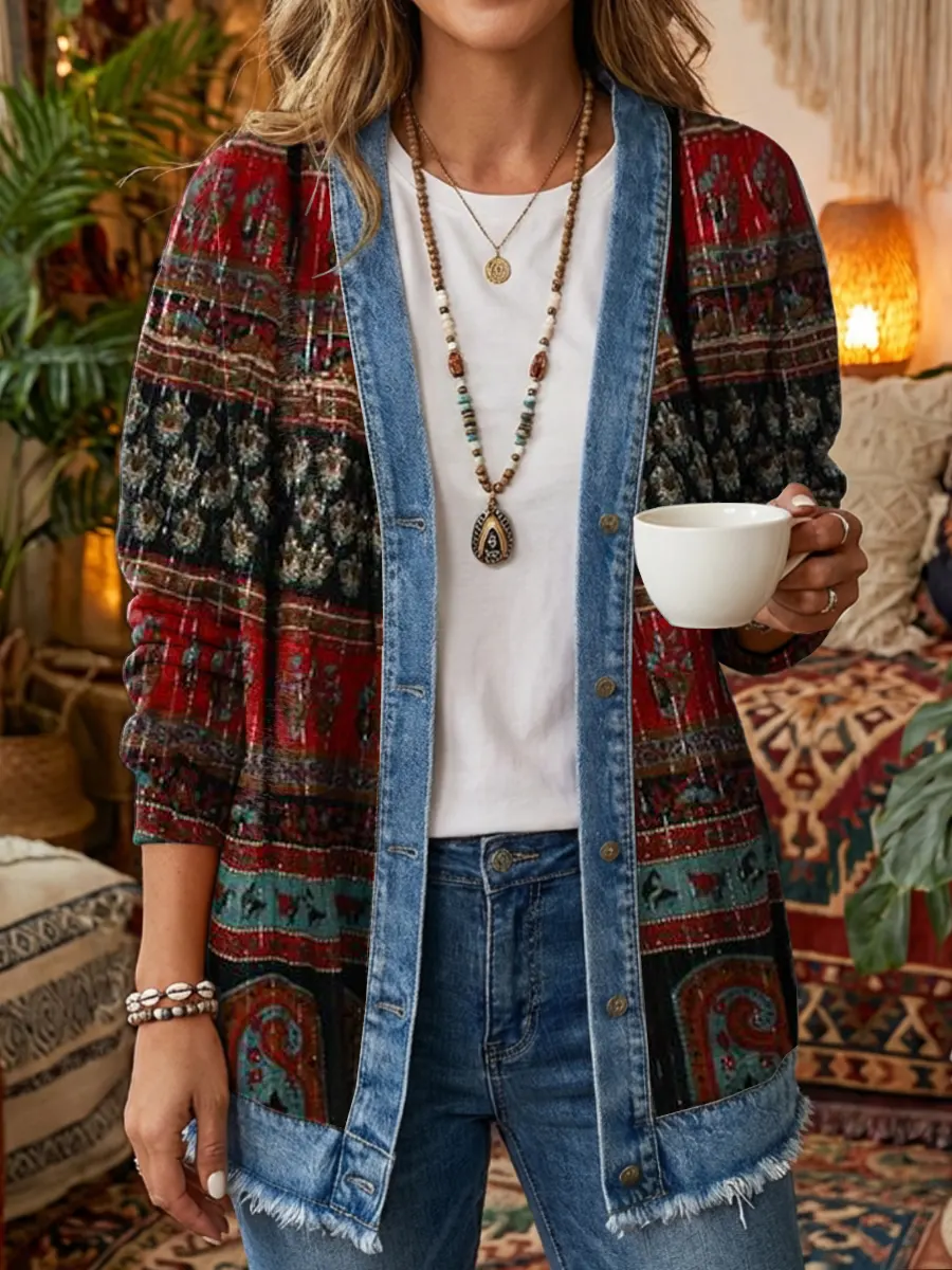 Women's Vintage Ethnic Floral Pattern Art Print Casual Long-Sleeve Shirt Jacket